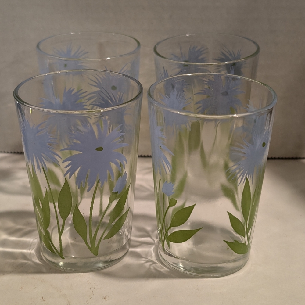 4 Vintage Kraft Posy Swanky glasses.  Blue Thistle flower design.